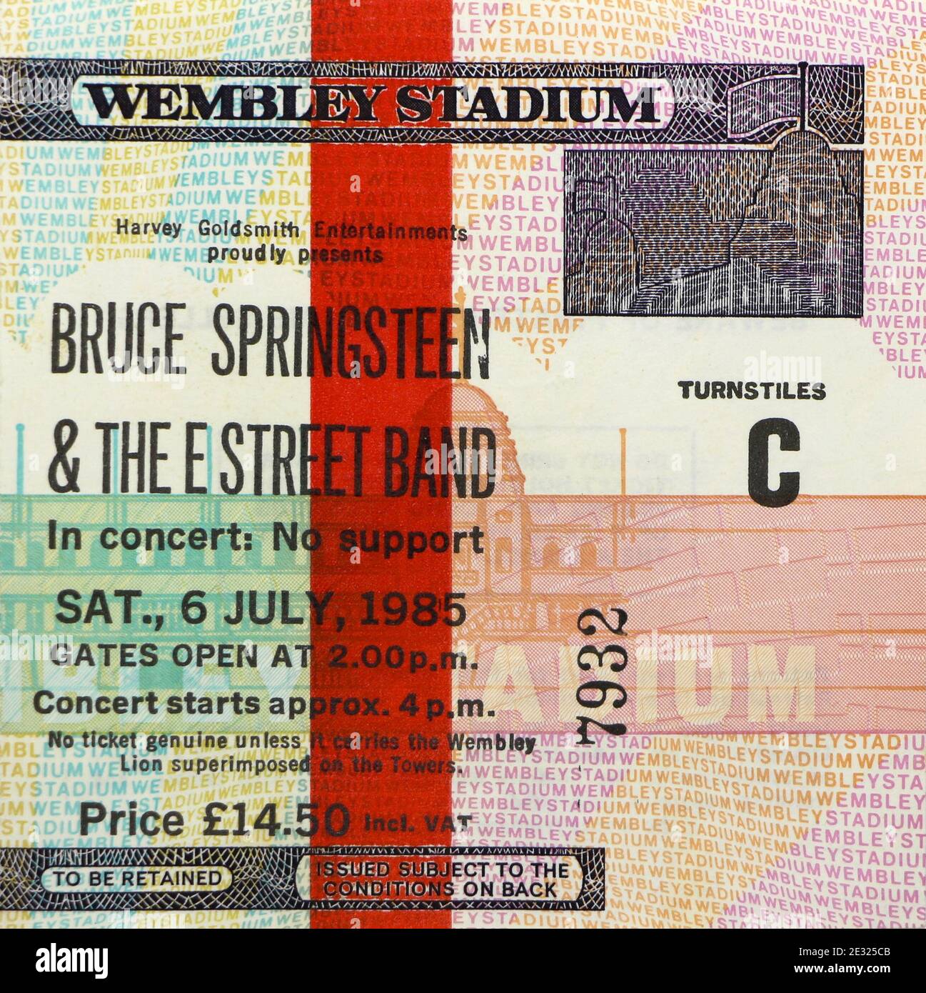 Konzertkarte für Bruce Springsteen und die E Street Band im Konzert im Wembley Stadium 6. Juli 1985 London England UK Stockfoto