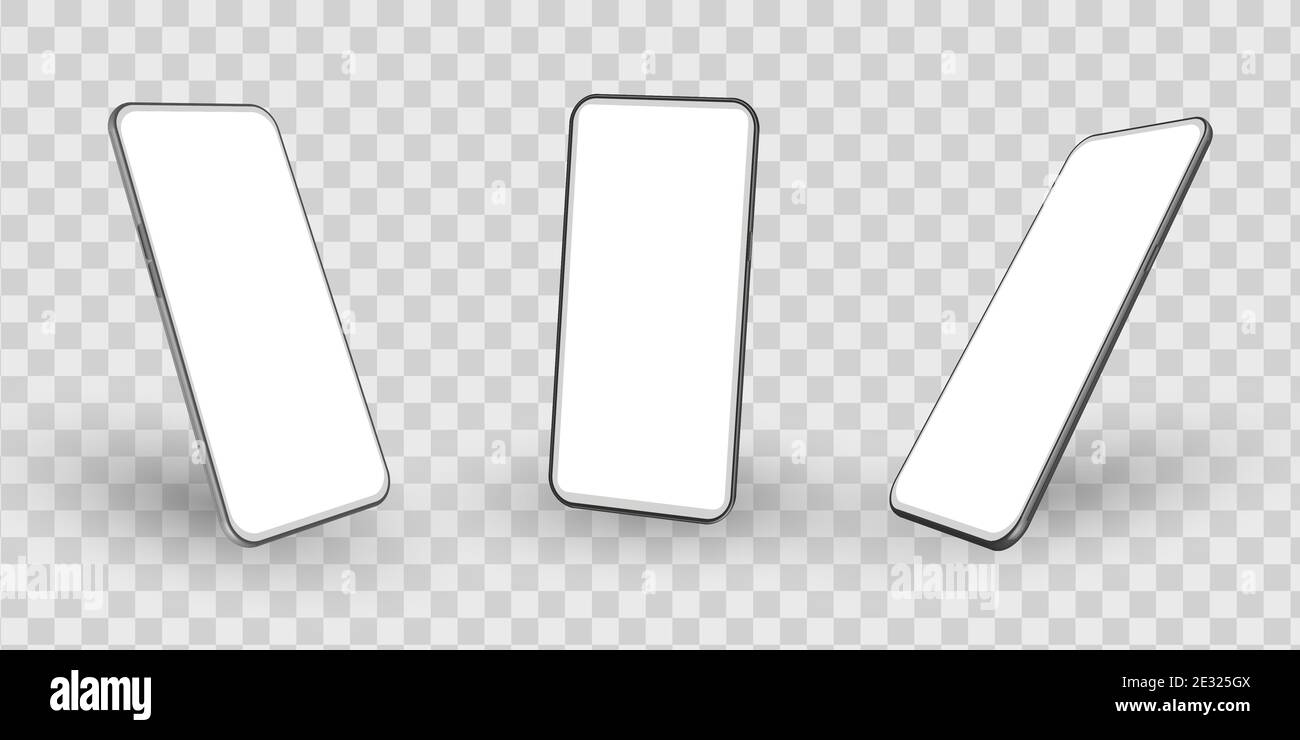 Smartphone-Mockup in gedrehter Position auf transparentem Hintergrund. Mobil aus verschiedenen Blickwinkeln mit leerem Bildschirm. Vorlage für Präsentation 3D real. Stock Vektor