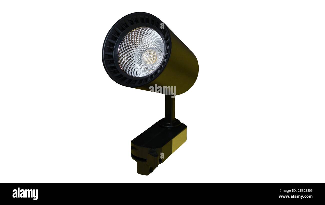 Gleislampe Licht schwarz, moderne LED-Lampe auf weißem Hintergrund. Innenbeleuchtung Stockfoto