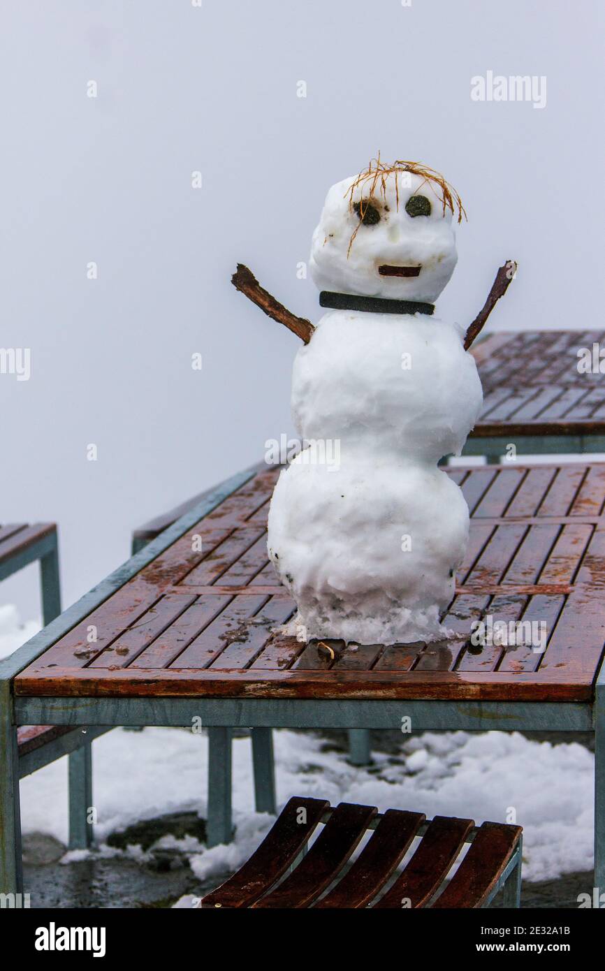 Ein Schneemann auf der Bank Stockfoto
