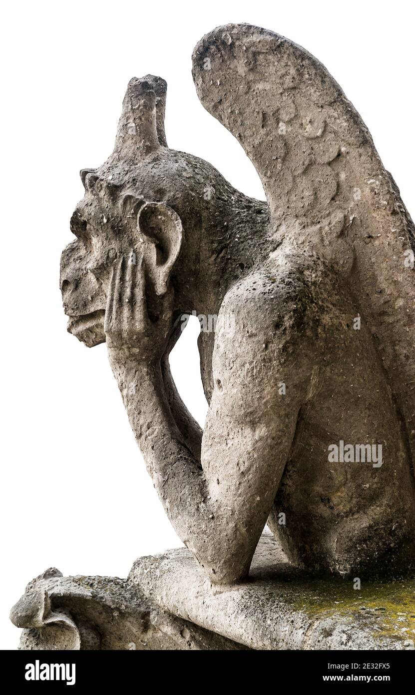 Gargoyle oder Chimäre von Notre Dame de Paris isoliert auf weißem Hintergrund, Frankreich. Die Wasserspeier dieser Kathedrale sind ein gotisches Wahrzeichen in Paris. Berühmte Statistik Stockfoto