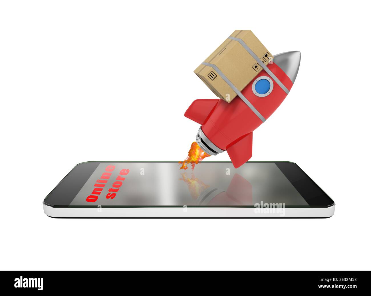 Smartphone mit einer Rakete, die aus dem Bildschirm verlassen. Konzept der schnellen Internet-Lieferung Stockfoto