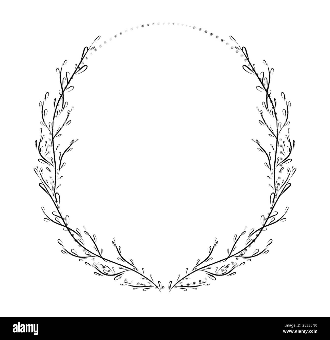 Botanischer Rahmen. Blumenhintergrund. Leavse handgezeichneter Rahmen. Zarte Blumenkranz Illustration. Linie Zeichnung Zweige, Pflanzen, Kräuter. Blattlogo. Hochzeitseinladung stationär. Hochwertige Fotos Stockfoto