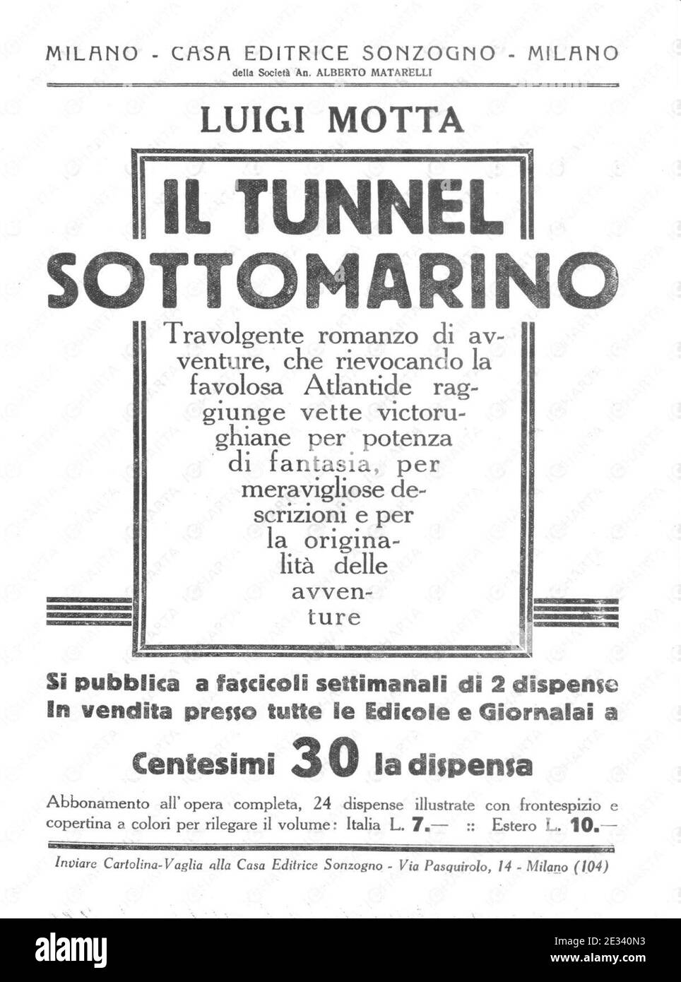 Luigi Motta Tunnel sottomarino volantino Sonzogno 1927. Stockfoto