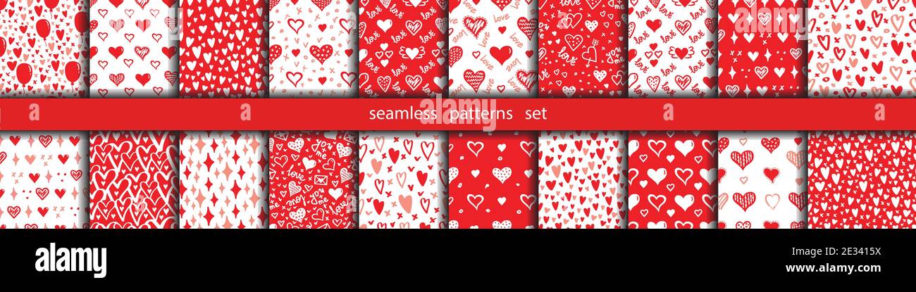 Herzen nahtlose Vektor-Muster gesetzt. Valentinstag Hintergrundkollektion. Flaches Design endlose chaotische Textur aus winzigen Herz-Silhouetten. Vektor Stock Vektor