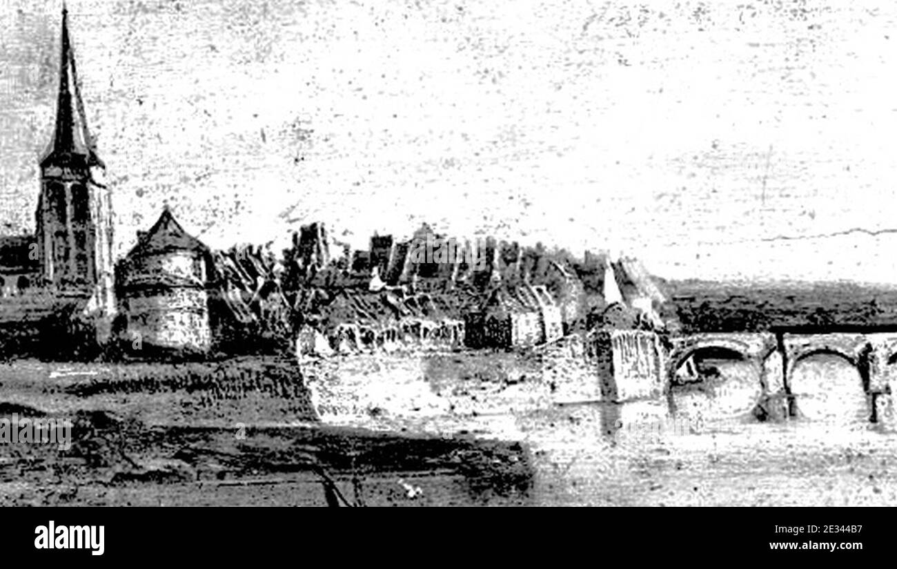 Maastricht, Wycker Oeverwal, gezien vanuit het noordwesten, met Sint-Maartenskerk en kruittoren (A Schaepkens, ca 1840-'50, Stockfoto