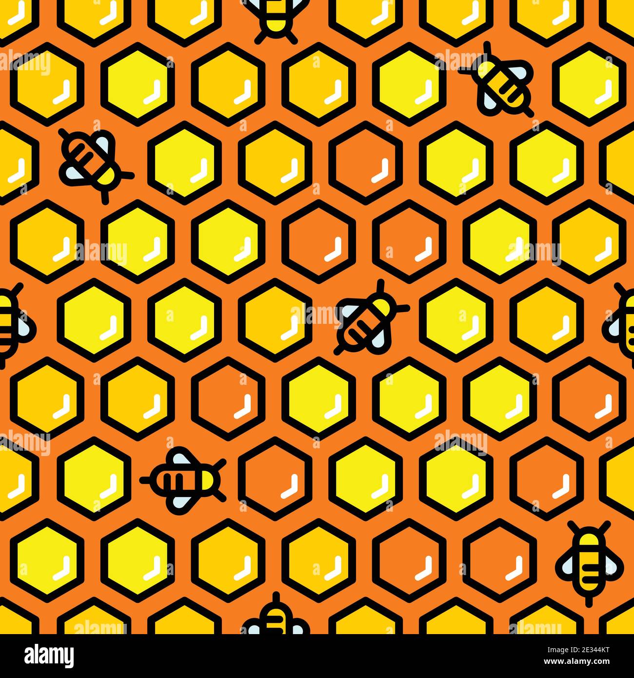 Nahtloses Vektor-gelbes Wabenmuster. Honig Hintergrund mit Biene. Stock Vektor