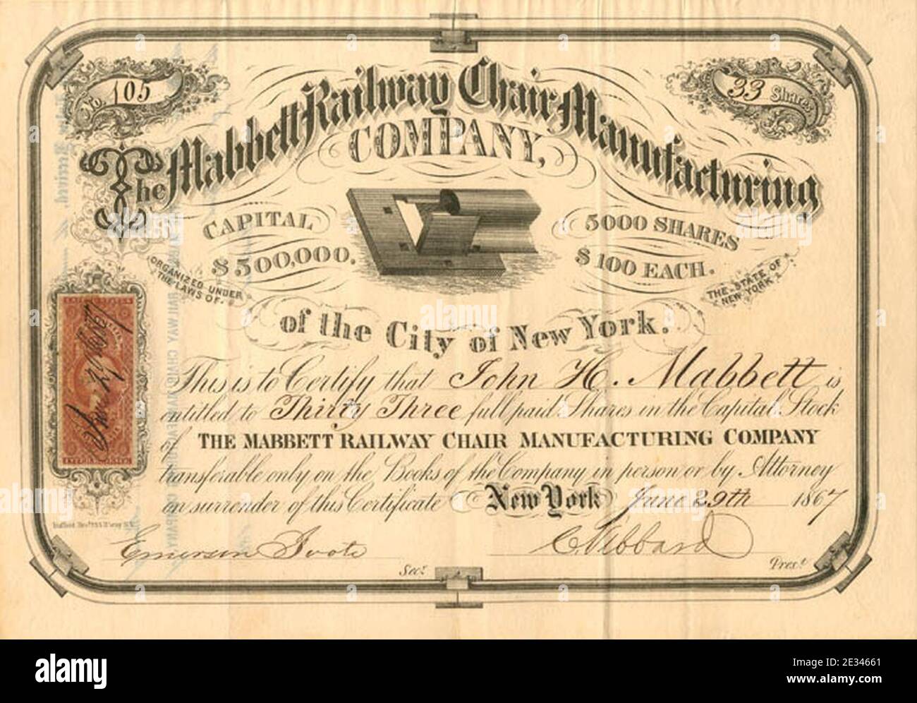 Mabbett Railway Chair Manufacturing Company - Aktien Zertifikat - 1867. Stockfoto