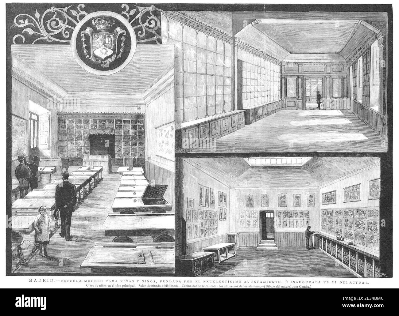 Madrid, Escuela-Modelo, Inaurada el 21 de septiembre de 1885, de Comba, La Ilustración Española y Americana, 30-09-1885. Stockfoto