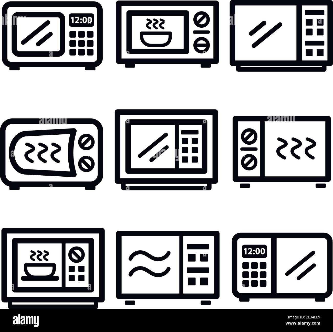 Mikrowellen-Symbolsatz. Verschiedene elektrische Symbole. Anderes Symbol in dünnen Linien. Vektor-isolierte Illustration. Stock Vektor