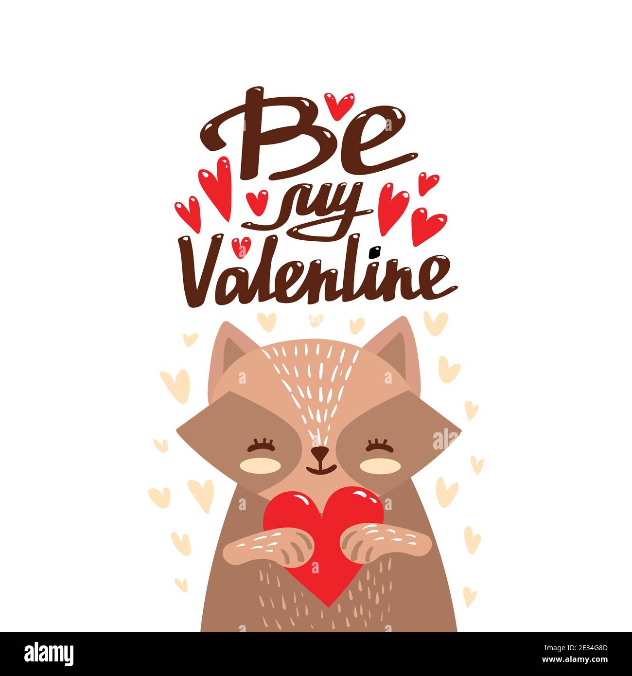 Cute Cartoon Waschbär hält Herz, Grußkarte. Sei mein Valentinstag - Text. Vektorgrafik. Stock Vektor