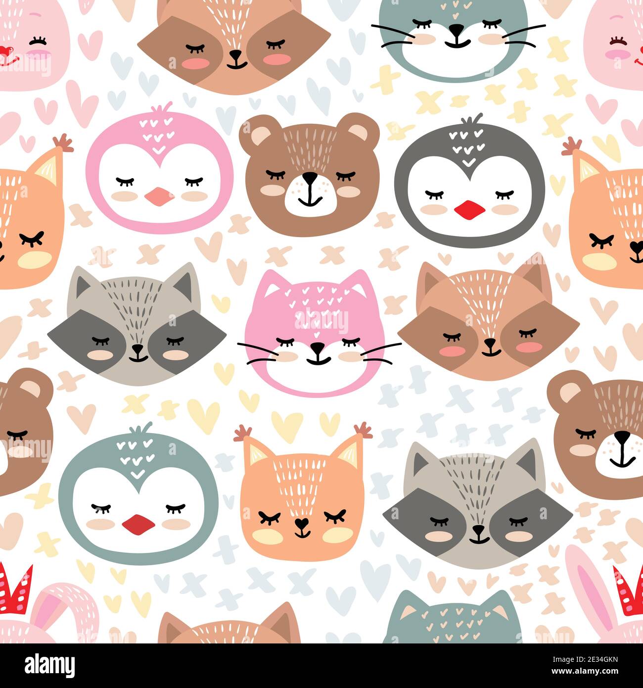 Niedliche Vektor Kinder nahtlose Muster. Flacher Waldhintergrund mit Herzen im skandinavischen Stil auf weißem Hintergrund. Stock Vektor