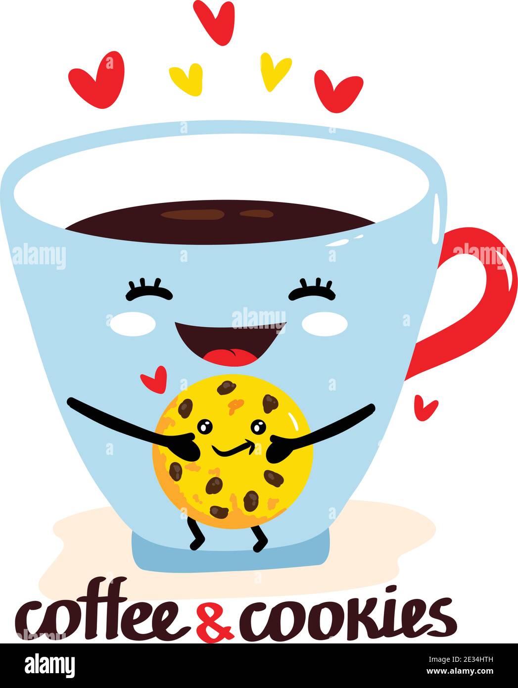 Niedliche Vektor-Illustration von Tasse Kaffee hält Cookies. Happy Kawaii Charakter mit lächelndem Gesicht, Herzen und Text - Kaffee Zeit. Karte, Poster, Druck Stock Vektor