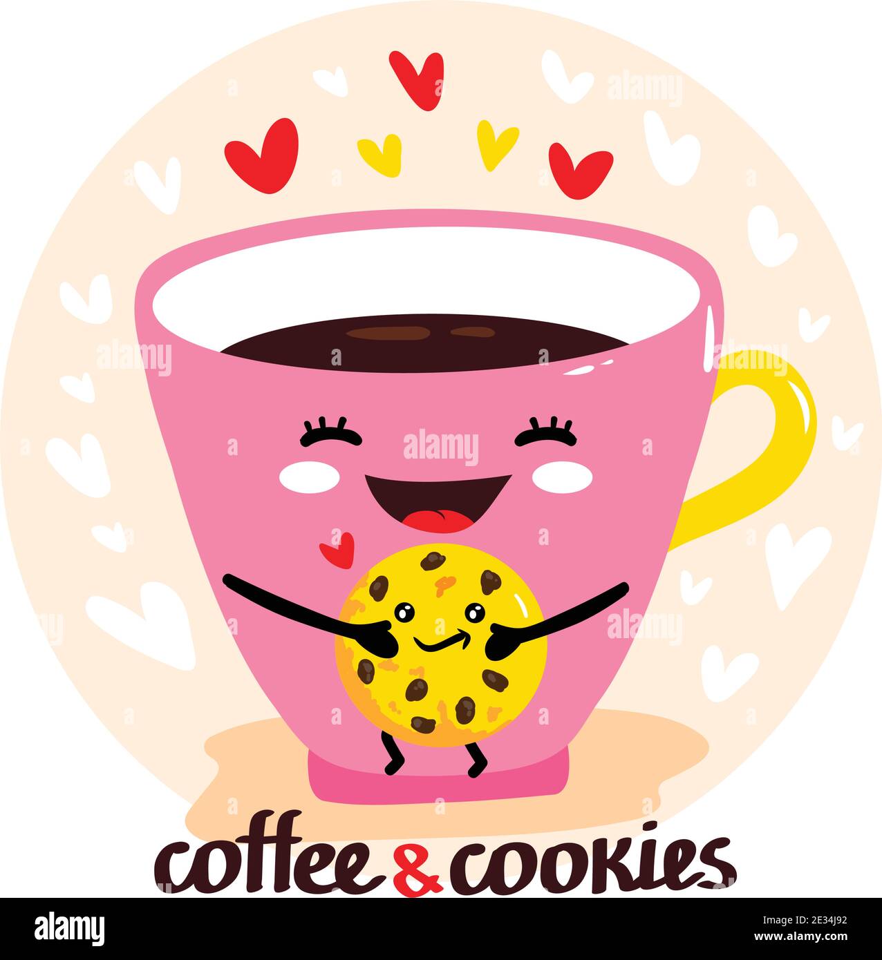 Niedliche Vektor-Illustration von Tasse Kaffee hält Cookies. Happy Kawaii Charakter mit lächelndem Gesicht, Herzen und Text - Kaffee Zeit. Karte, Poster, Druck Stock Vektor