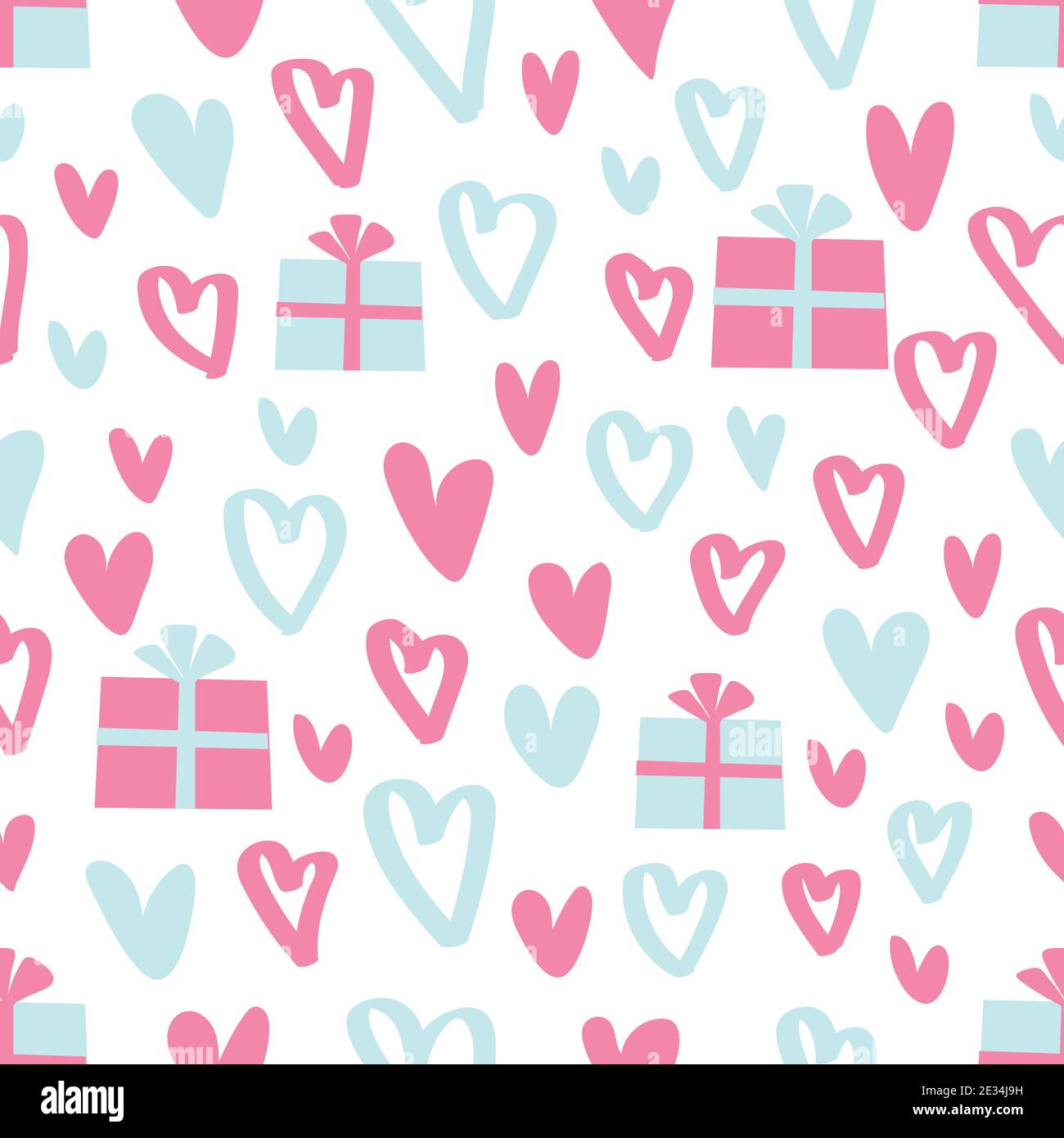 Einfache Herzen nahtlose Vektor-Muster mit Geschenk-Boxen. Valentinstag Hintergrund. Flaches Design endlose chaotische Herzen Silhouetten. Stock Vektor