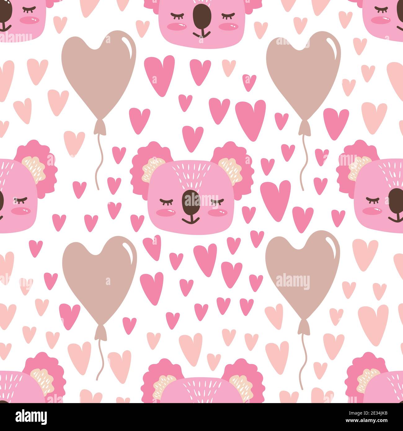 Nahtlose Muster von Cartoon Koala und Ballon-Design auf weißem Hintergrund. Niedliche Vektor-Illustration in flachen Stil. Stock Vektor