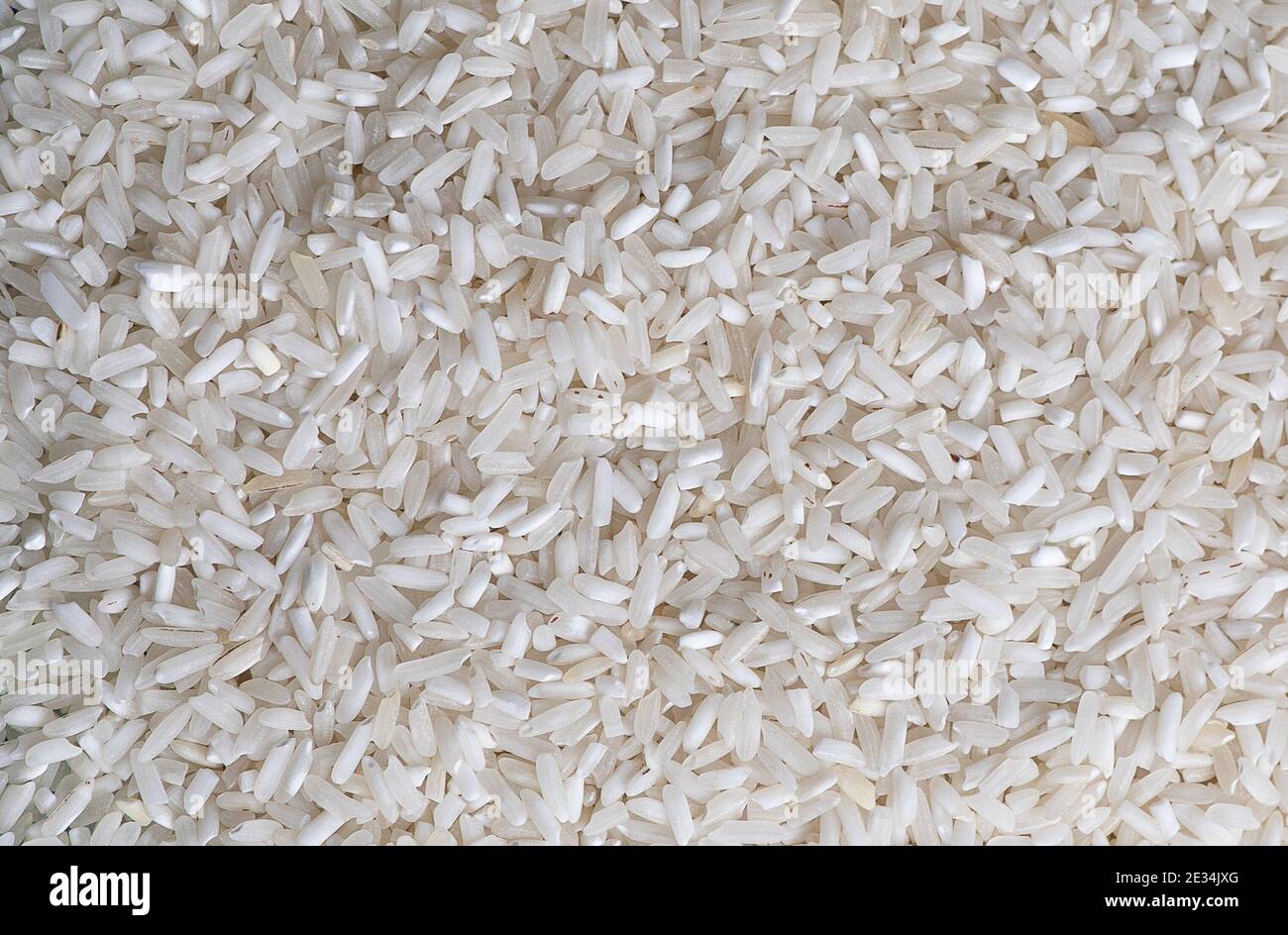 Roher weißer langer Reis Makro Hintergrund Stockfoto