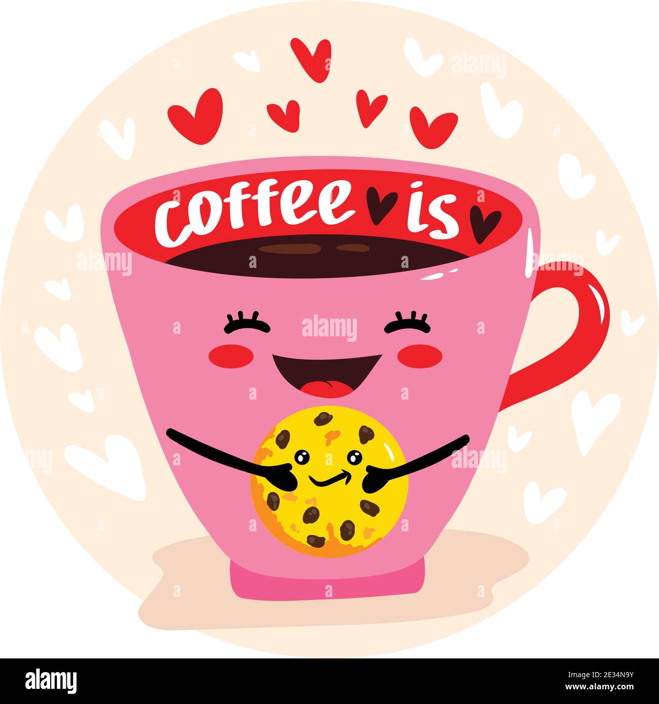 Niedliche Vektor-Illustration von Tasse Kaffee hält Cookies. Happy Kawaii Charakter mit lächelndem Gesicht, Herzen und Text - Kaffee Zeit. Karte, Poster, Druck Stock Vektor