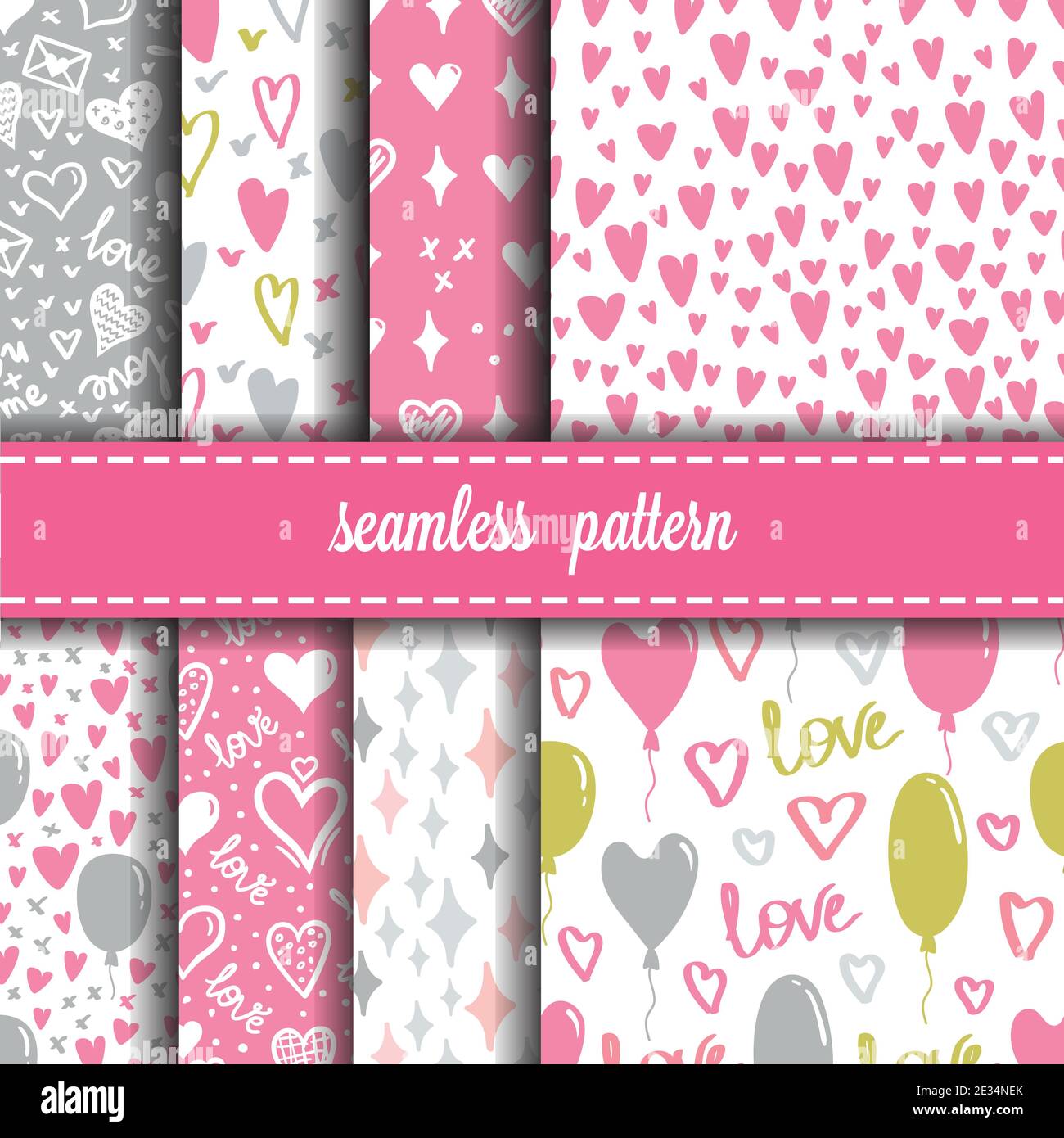 Einfache Herzen nahtlose Vektor-Muster gesetzt. Valentinstag Hintergrund. Flaches Design endlose chaotische Textur aus Herz-Silhouetten und Luftballons. Stock Vektor