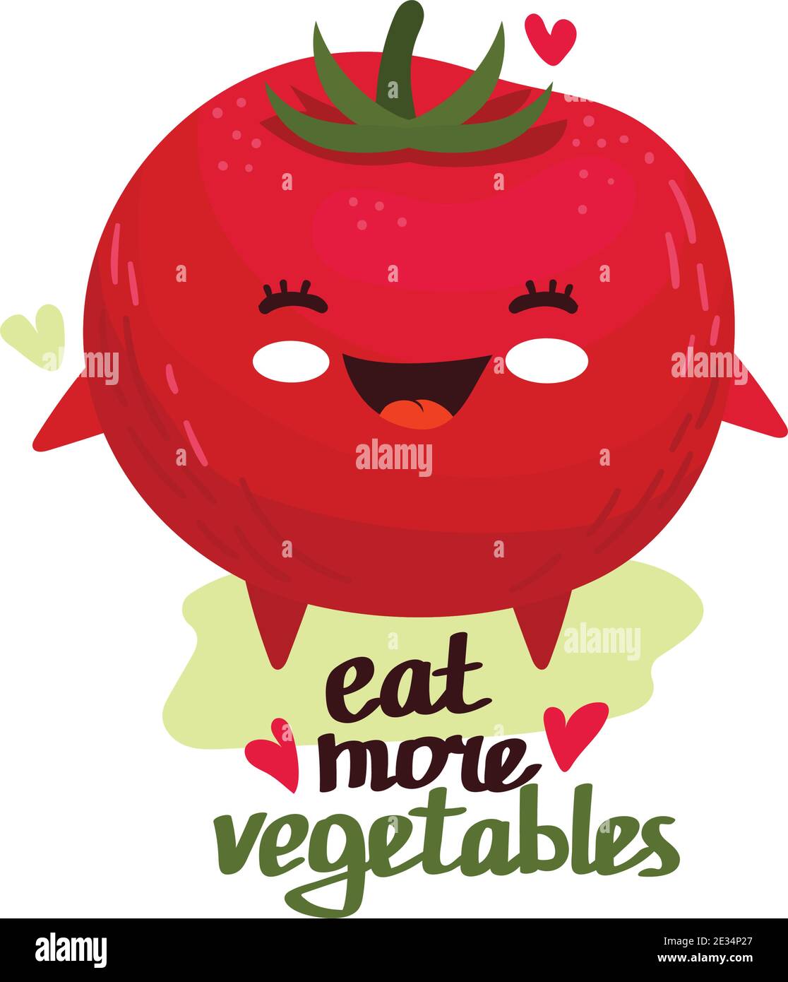 Glücklich süß lächelnde Tomate. Vektor flach Cartoon Figur Illustration Symbol. Mit Text - Essen Sie mehr Gemüse. Niedliches Tomatengemüse Charakter Konzept Stock Vektor