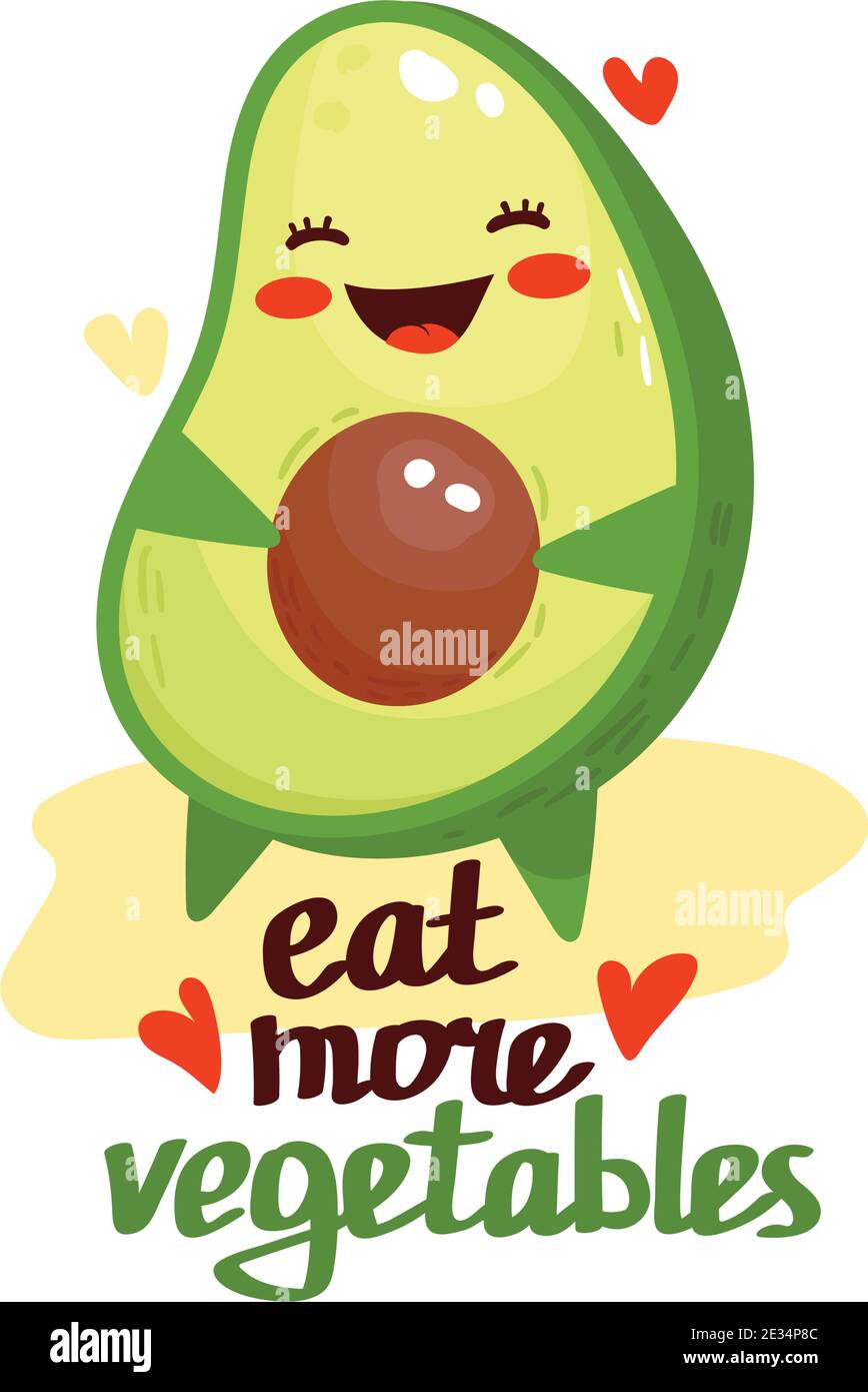 Niedliche Cartoon kawaii Avocado. Vektor isolierte Illustration von Kürbis mit Text Essen Sie mehr Gemüse. Stock Vektor