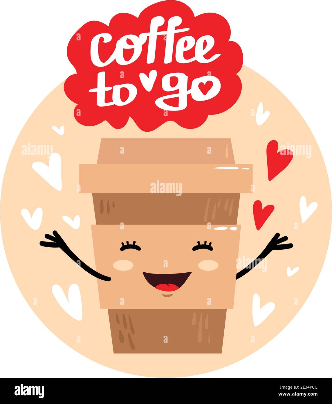 Niedliche Vektor-Illustration einer Tasse Kaffee mit Herz und Händen. Happy Kawaii Charakter mit lächelndem Gesicht, Herzen und Text - Kaffee zu gehen. Karte, Post Stock Vektor