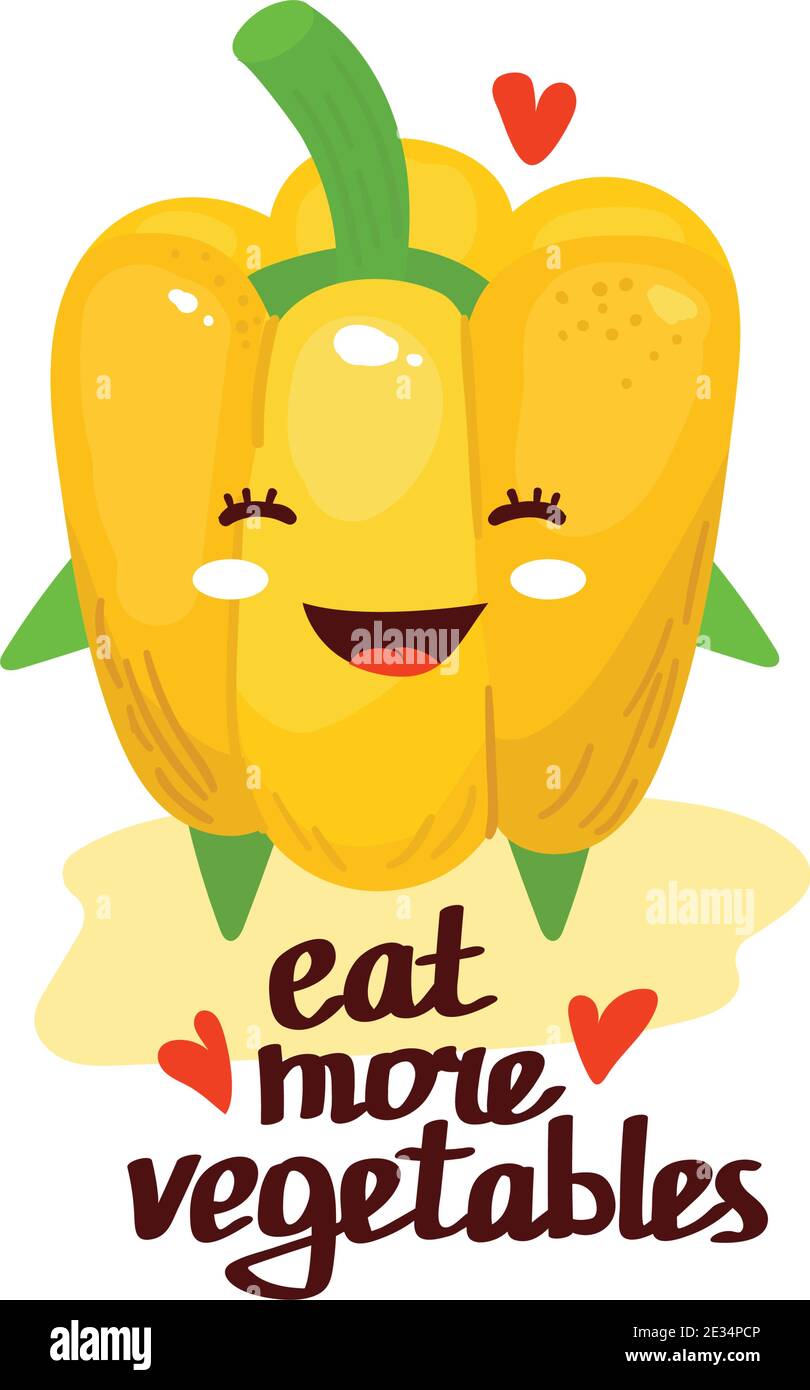 Niedlichen Cartoon kawaii Paprika. Vektor isolierte Illustration von gelbem Pfeffer mit Text Essen Sie mehr Gemüse. Stock Vektor