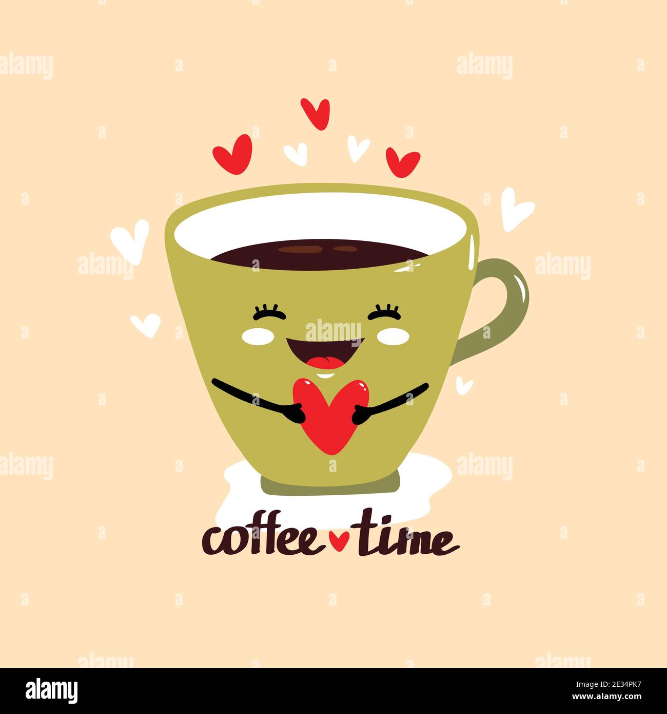 Cute Vektor-Illustration von Tasse Kaffee hält roten Herzen. Happy Kawaii Charakter mit lächelndem Gesicht, Herzen und Text - Kaffee Zeit. Karte, Poster, Prin Stock Vektor