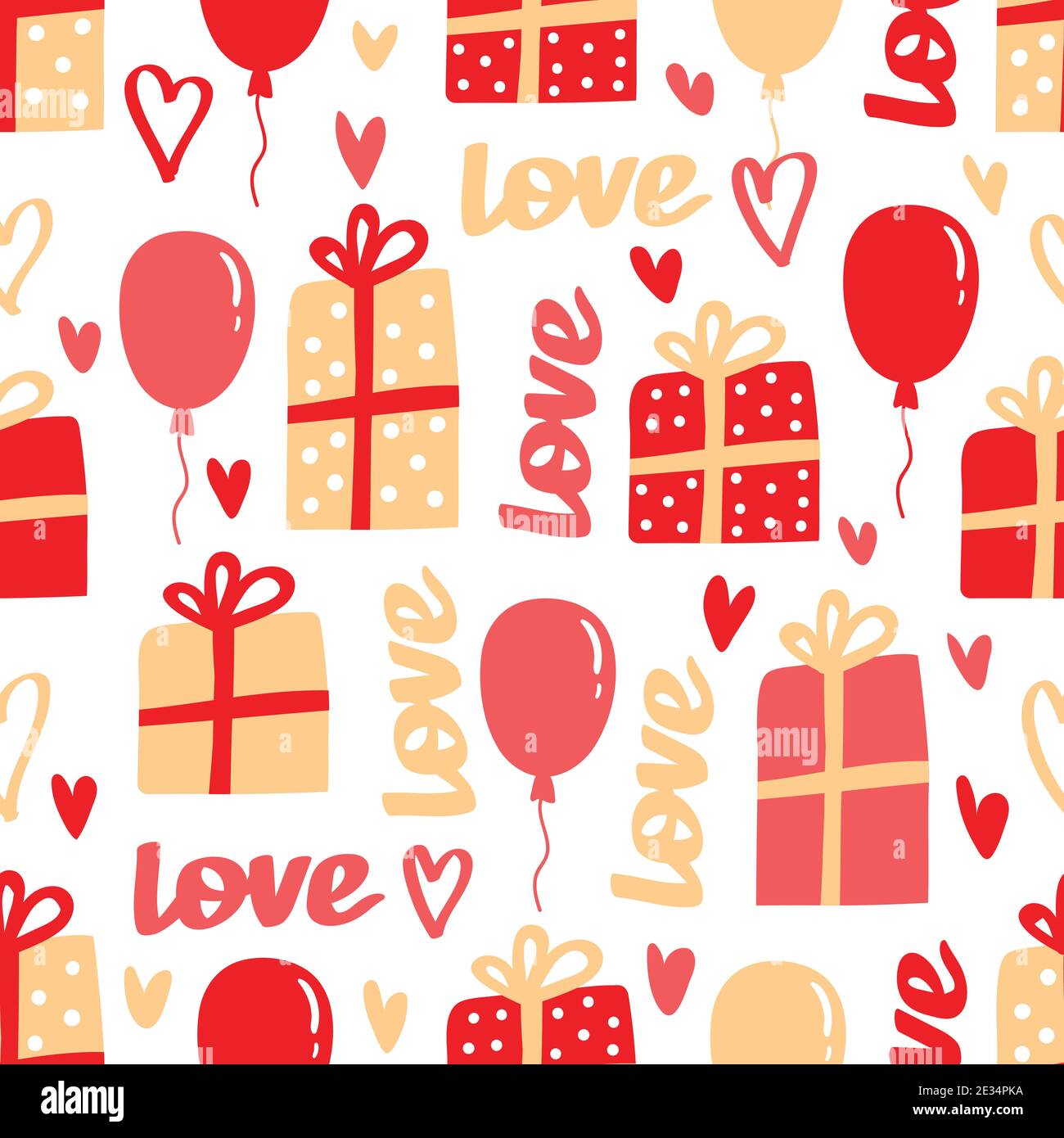 Einfache Herzen und Luftballons nahtlose Vektor-Muster. Valentinstag Hintergrund mit Geschenk-Boxen. Flaches Design endlose chaotische Herzen Silhouetten. Stock Vektor