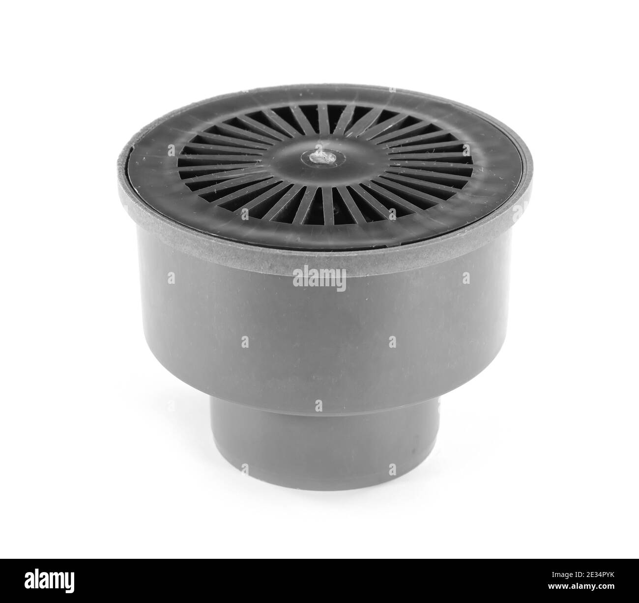 Kunststoffablauf auf weiß isoliert. Werkzeuge und Materialien für sanitäre Arbeiten. Stockfoto