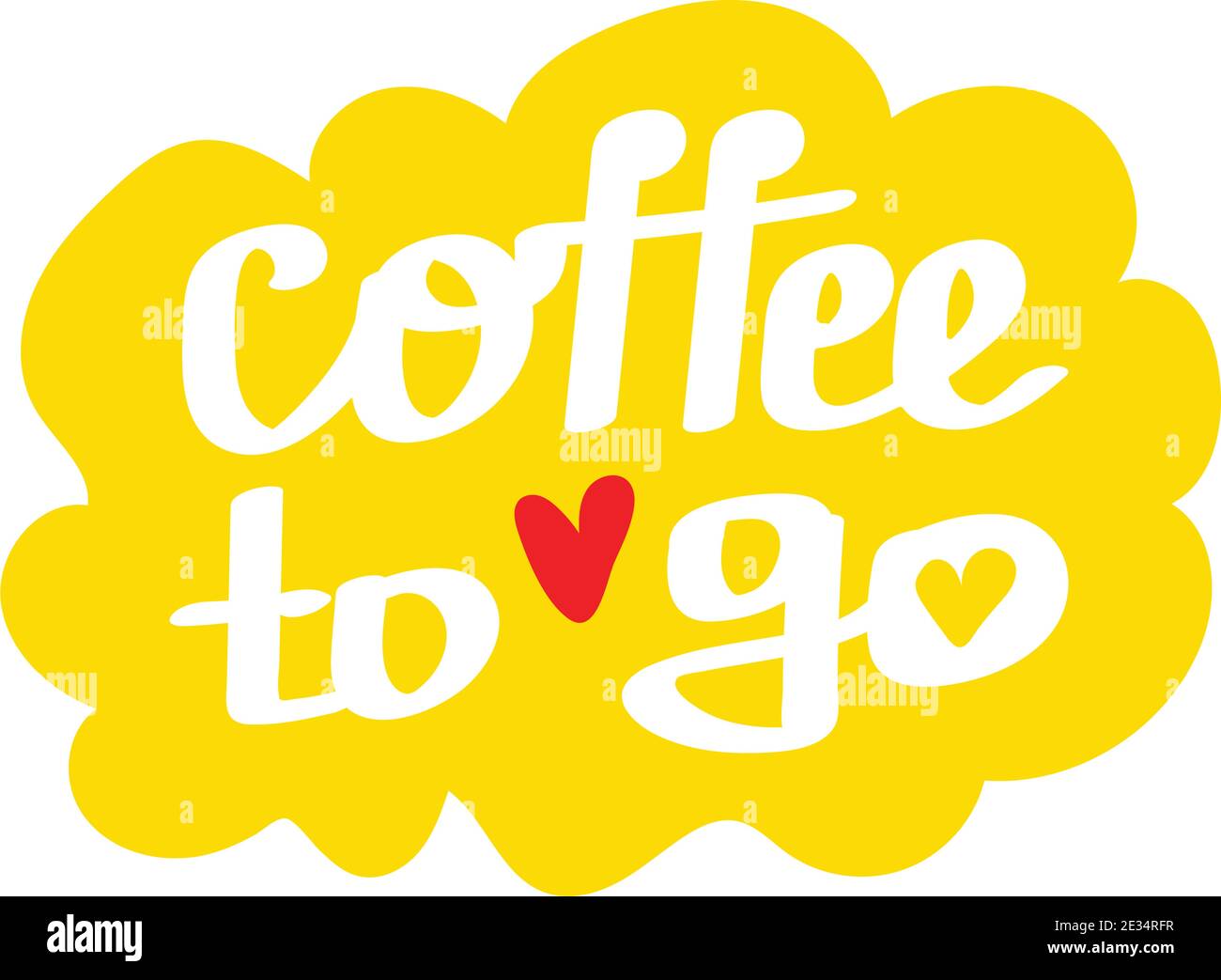 Coffee To Go Schriftzug Aufkleber mit Herz. Weiße Buchstaben auf gelbem Hintergrund in einer Blase. Vektorgrafik im flachen Stil. Stock Vektor