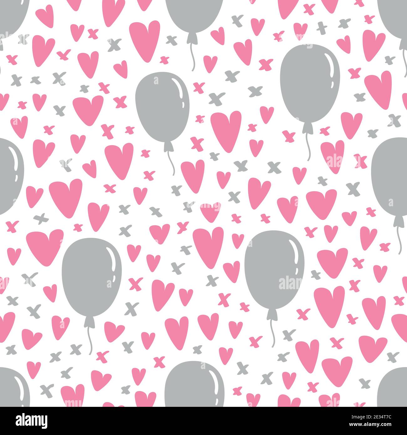Einfache Herzen und Luftballons nahtlose Vektor-Muster. Valentinstag Hintergrund. Flaches Design endlose chaotische Herzen Silhouetten. Stock Vektor