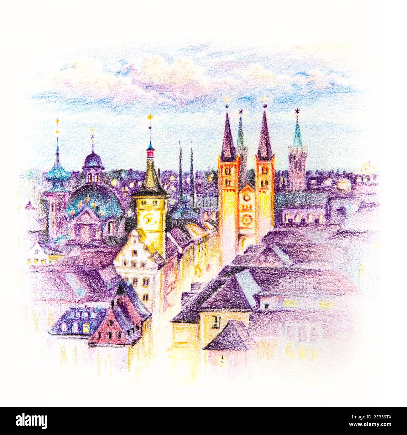 Bleistiftskizze mit Koplorierung der Alten Mainbrücke, Altstadt Würzburg, Franken, Nordbayern, Deutschland Stockfoto