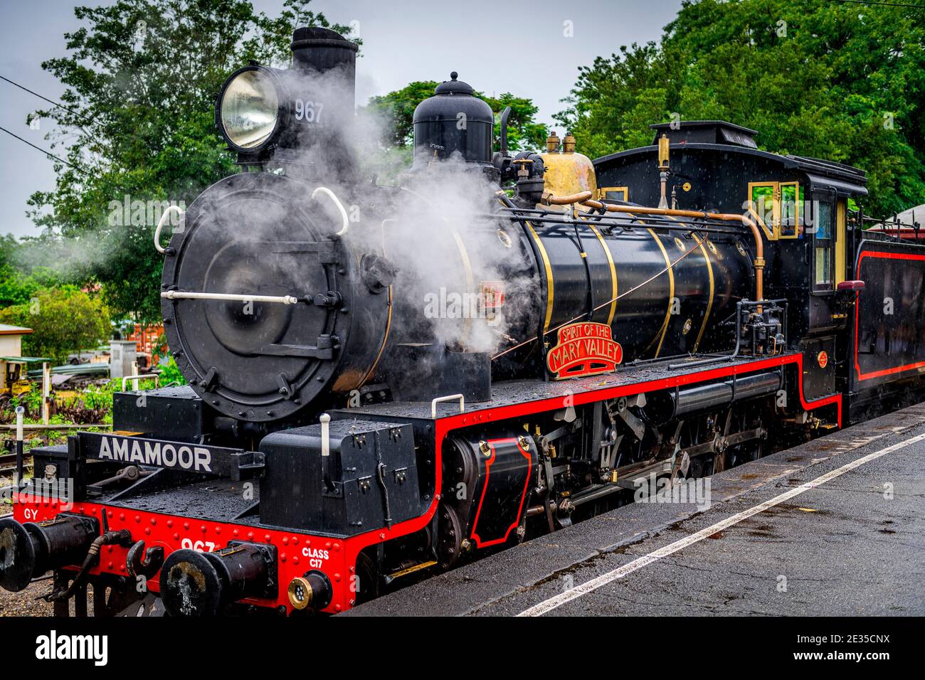 Ein Dampfzug wird von einer vollständig restaurierten Lokomotive der Baureihe C17 aus den frühen 1920er Jahren entlang der historischen Eisenbahnlinie von Mary Valley Rattler gezogen. Stockfoto