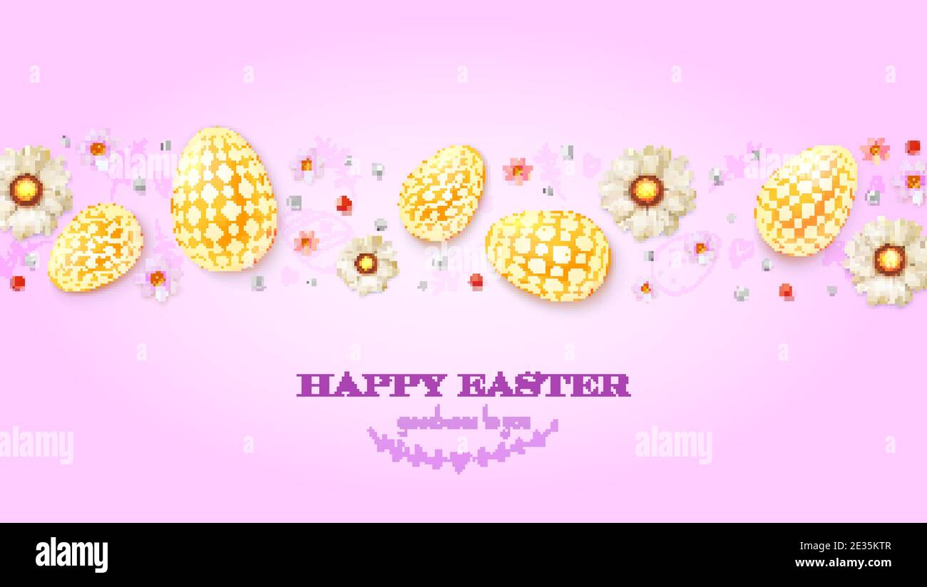 Festliches Muster aus goldenen Eiern, Frühlingsblumen und Perlen auf rosa Hintergrund. Frohe Ostern Grußkarte. Vektor-3d-Illustration Stock Vektor