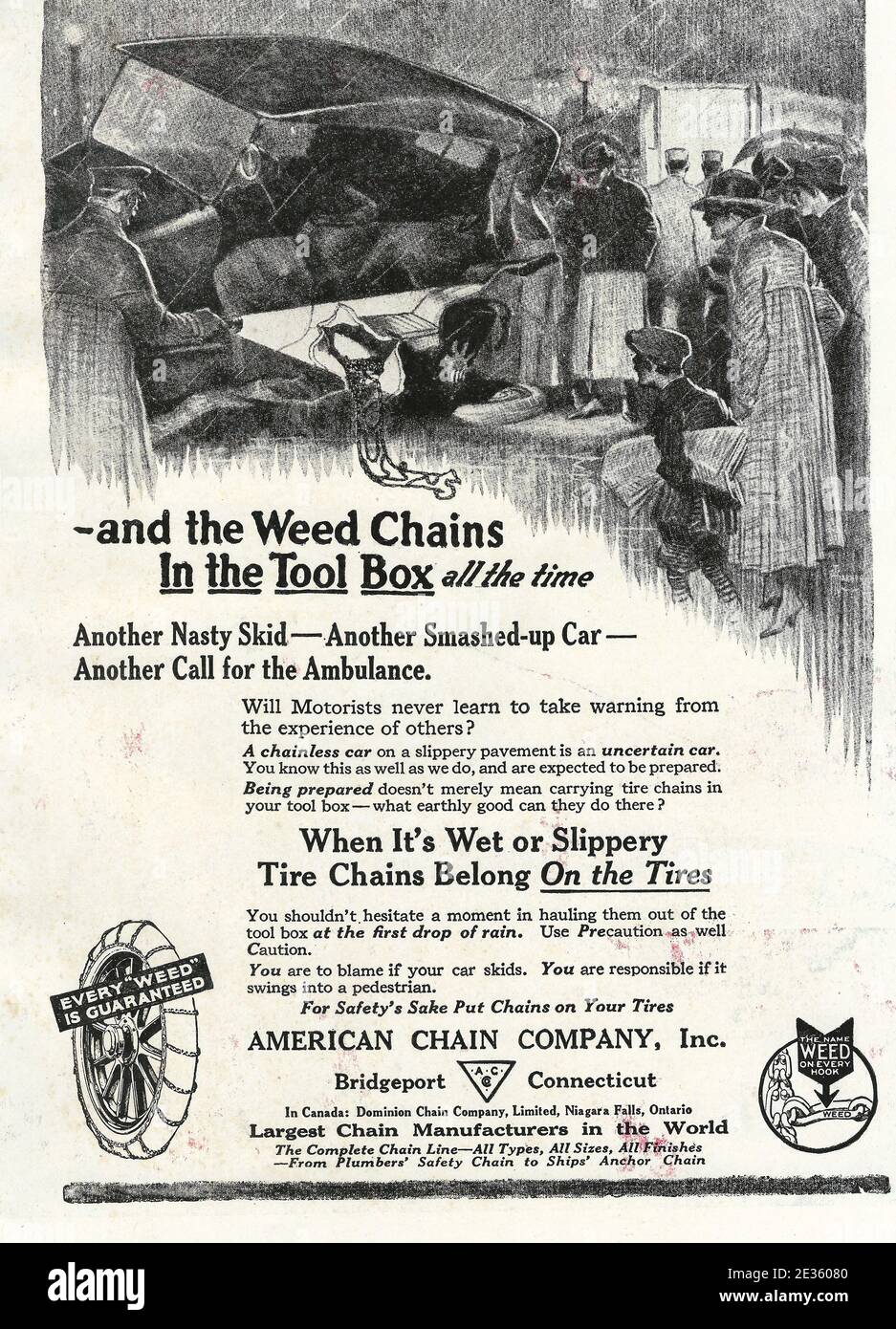 Werbung für Weed Chains, Tyre Chains - American Chain Company, um 1919 Stockfoto