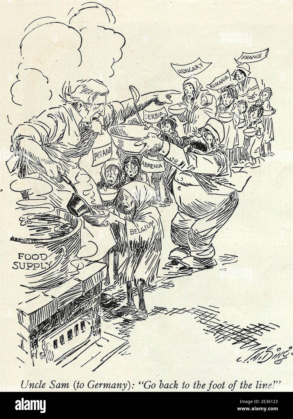 Onkel Sam (nach Deutschland) - Gehen Sie zurück zum Fuß der Linie. Eine politische Karikatur in der Zeit nach dem Ersten Weltkrieg zeigt Deutschland versucht, die Schlange für die Nahrungsmittelhilfe zu springen - 1919 Stockfoto