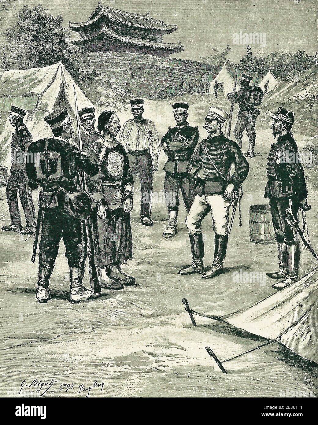 Japanische Offiziere verhörten chinesische Gefangene nach der Schlacht von Ping Yang während des chinesisch-japanischen Krieges 1895 Stockfoto