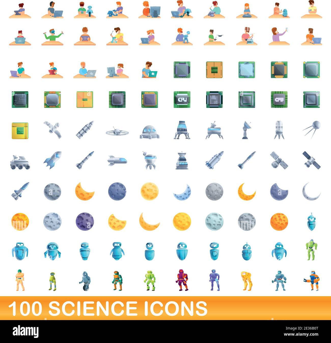 100 Science Icons Set. Cartoon Illustration von 100 Science Icons Vector Set isoliert auf weißem Hintergrund Stock Vektor