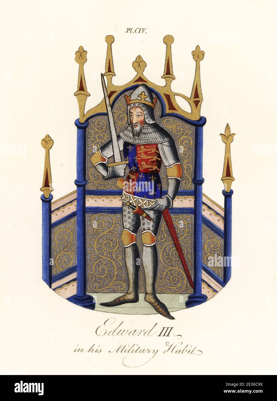 Eduard III., König von England (1327-1377), steht mit gezogenem Schwert, trägt eine Krone, Helm, Anzug aus Platte Rüstung, Kettenpost hauberk, Obermantel der Arme von England, drei Löwen und Fleur-de-lys. Aus einer beleuchteten Initiale E in Historical Compilation, Cotton MS Nero D vi. Handkolorierter Stich von Joseph Strutt aus seiner vollständigen Ansicht des Kleides und der Gewohnheiten der Menschen von England, Henry Bohn, London, 1842. Stockfoto