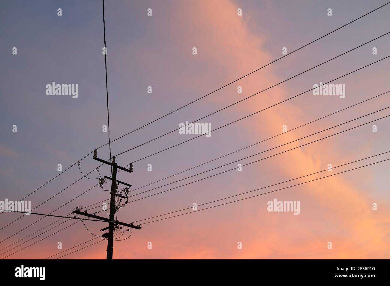 Strom- und Telefonleitungen bei Sonnenuntergang Stockfoto