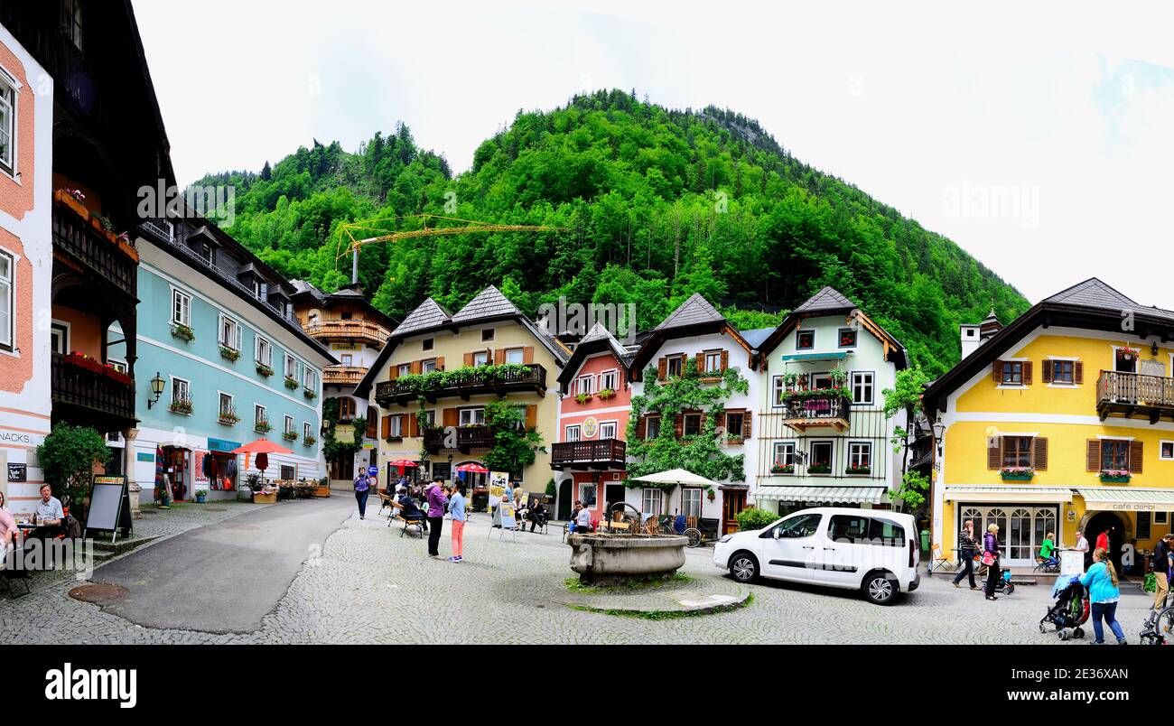 hallstatt Hauptplatz Panoramablick Stockfoto