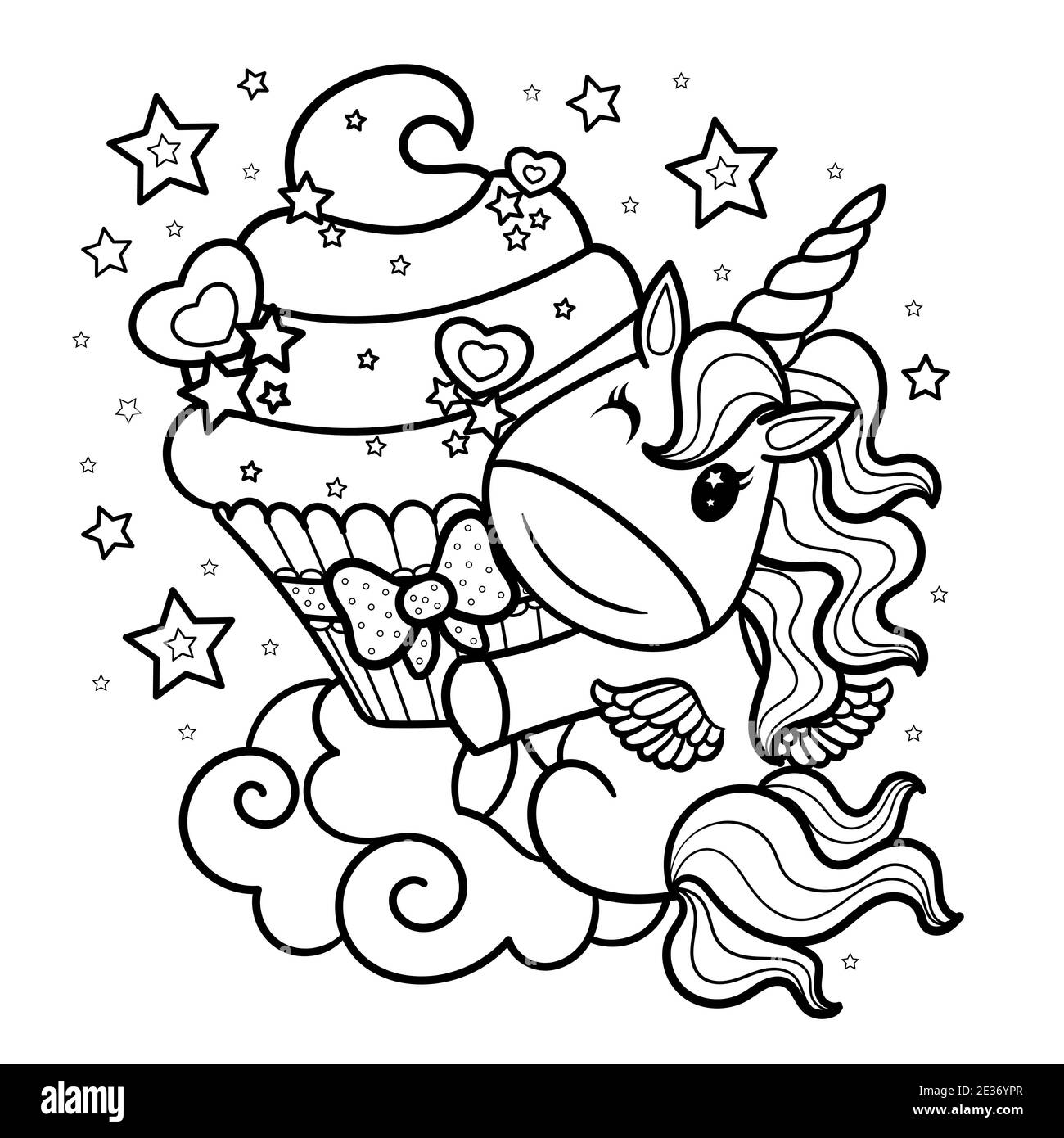 Niedliche Cartoon Einhorn mit Sahne Cupcake. Schwarz und weiß Kinder s Illustration für die Färbung. Doodle-Stil. Vektor Stock Vektor