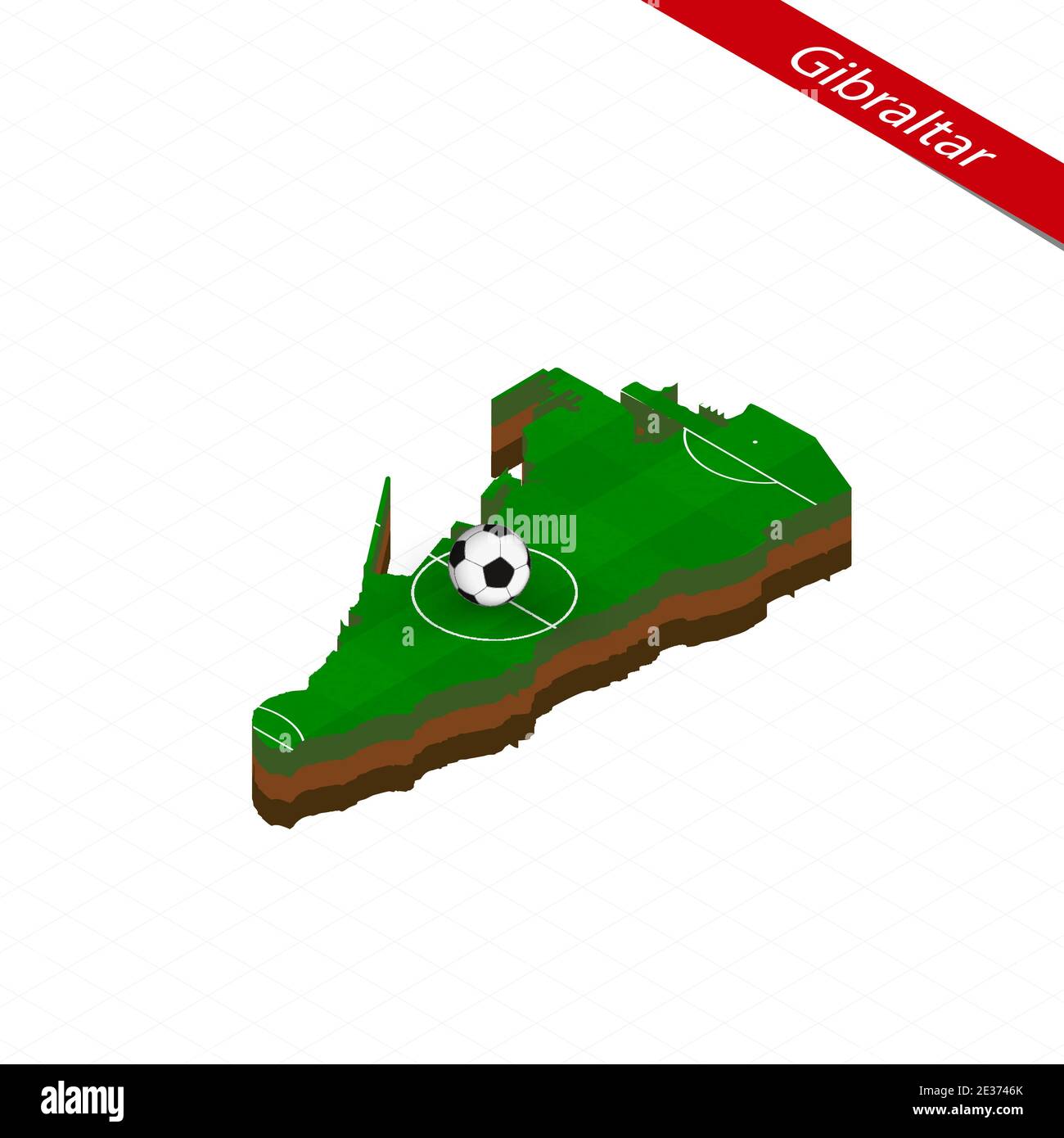 Isometrische Karte von Gibraltar mit Fußballplatz. Fußball in der Mitte des Fußballplatzes. Vektorgrafik Fußball. Stock Vektor