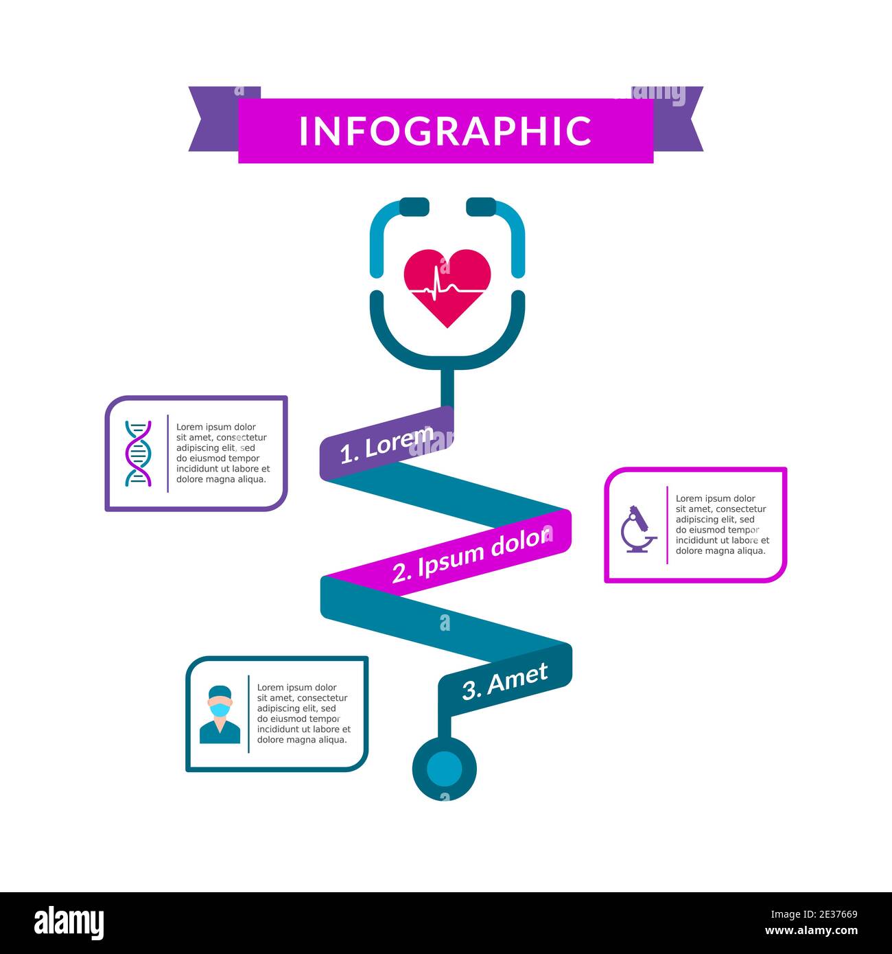 Bunte medizinische Infografik mit medizinischen Symbolen. Stethoskopform. Zeitplan, Prozess, Plan, Strategie. Überprüfen Sie die Schritte des medizinischen Verfahrens. Vektor Stock Vektor