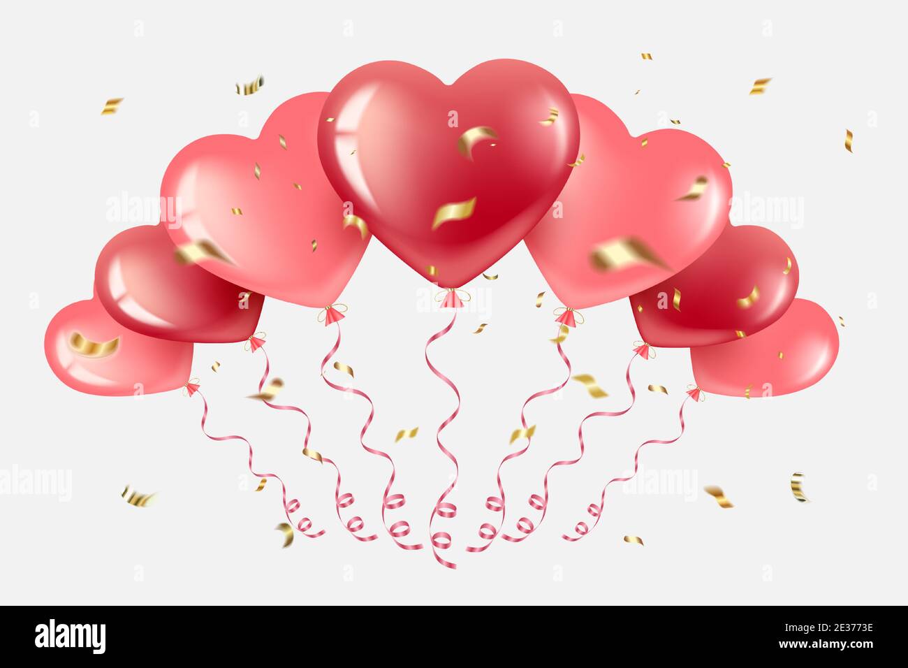 Ein Bündel von roten und rosa herzförmigen Ballons. Fliegen in verschiedene Richtungen, mit goldenem Cotfetti und Serpentin. Für Valentinstag, Grußkarten, Stock Vektor