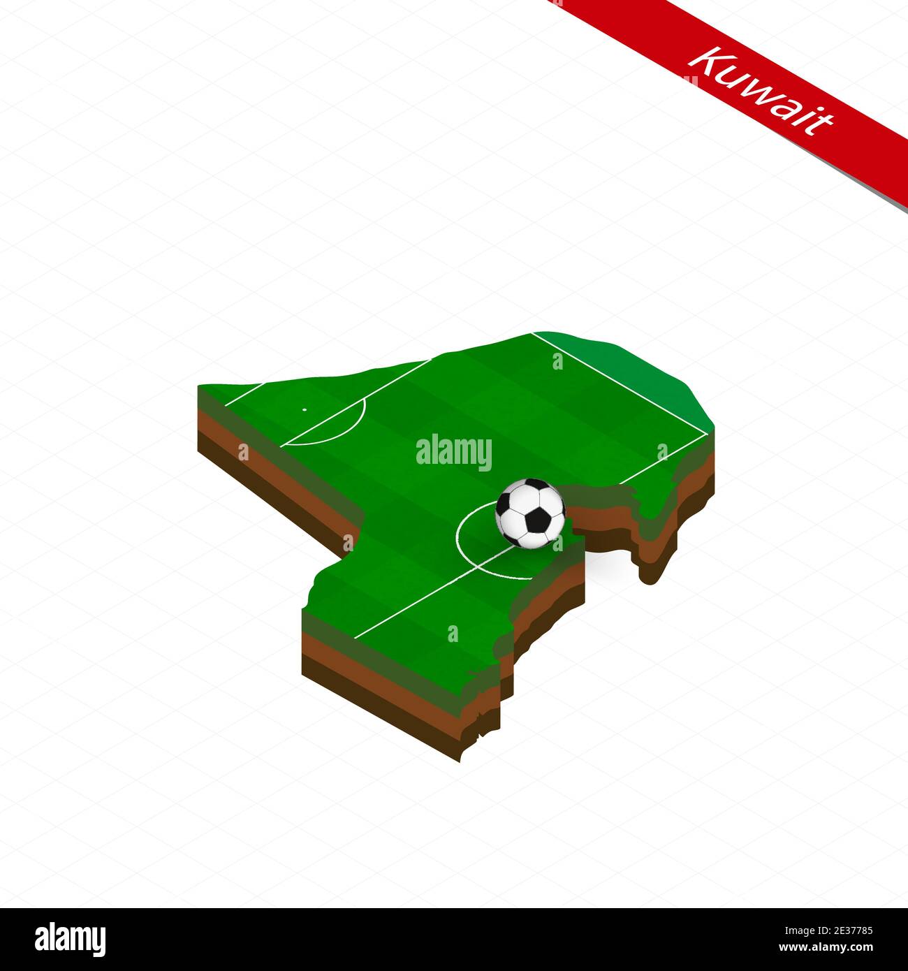 Isometrische Karte von Kuwait mit Fußballplatz. Fußball in der Mitte des Fußballplatzes. Vektorgrafik Fußball. Stock Vektor