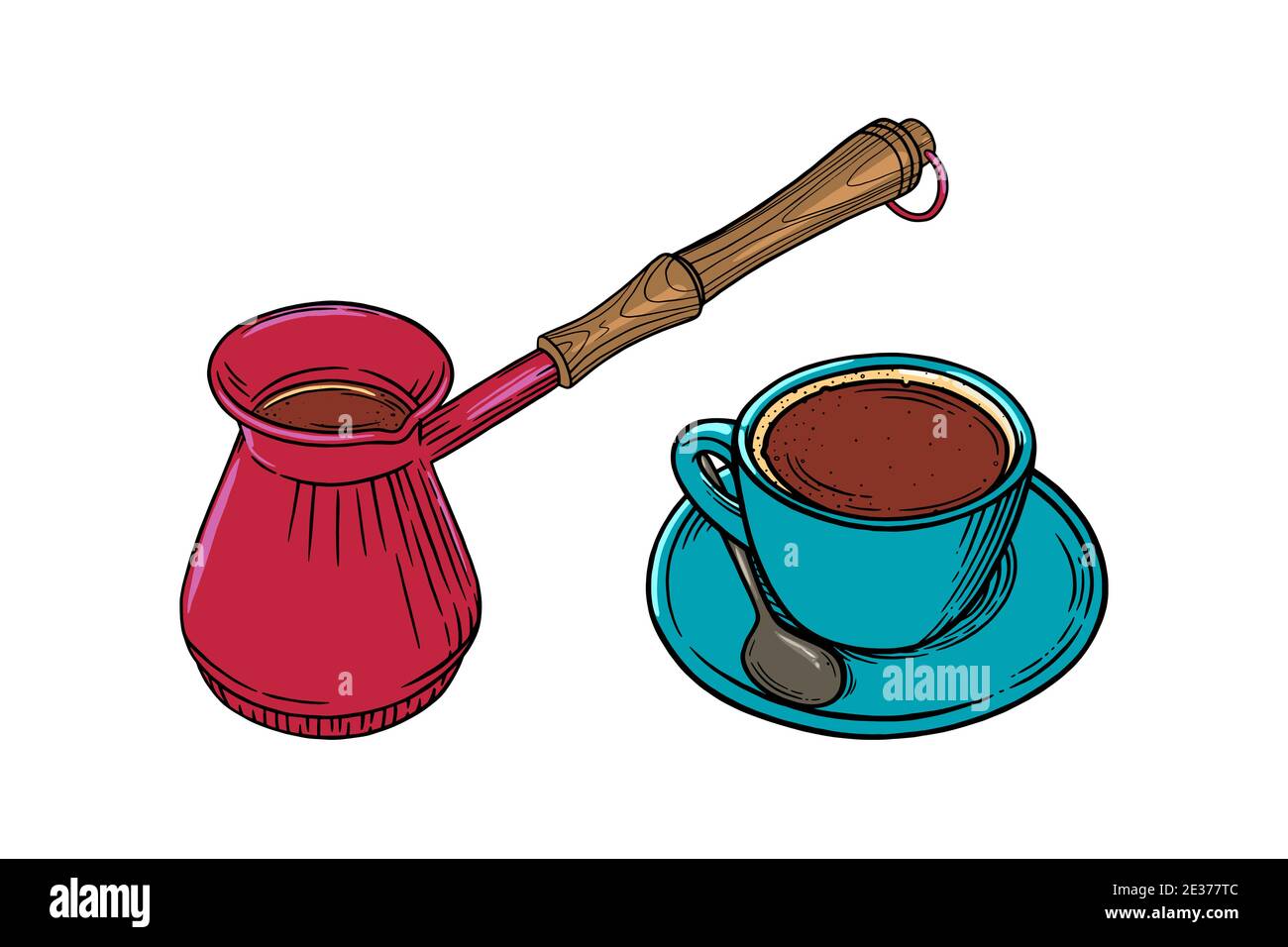 Kaffeetasse mit Cappuccino und türkischer Kanne. Gravierte Skizze Set aus Kaffeebecher und -Topf. Vektorgrafik Stock Vektor