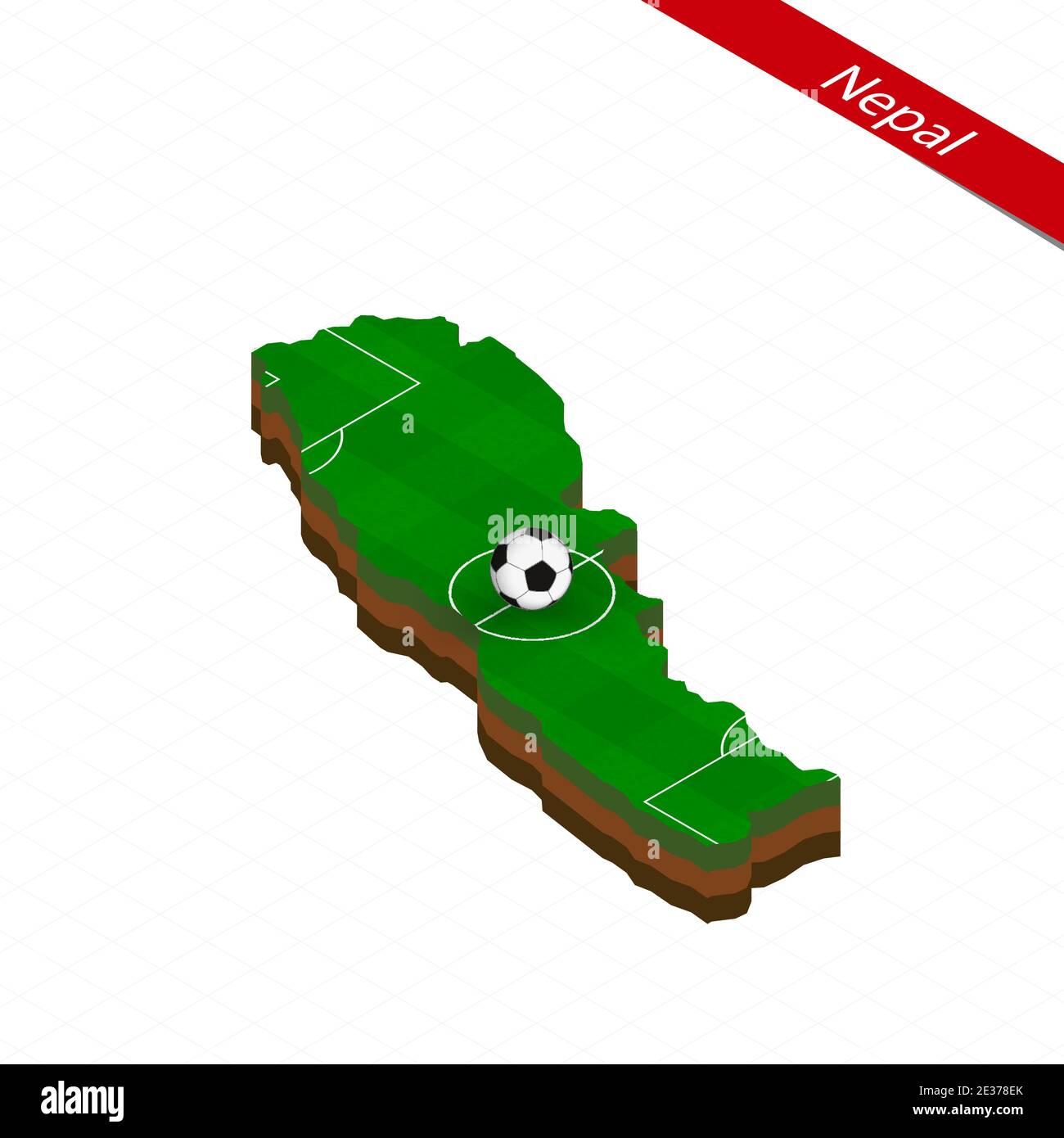 Isometrische Karte von Nepal mit Fußballplatz. Fußball in der Mitte des Fußballplatzes. Vektorgrafik Fußball. Stock Vektor