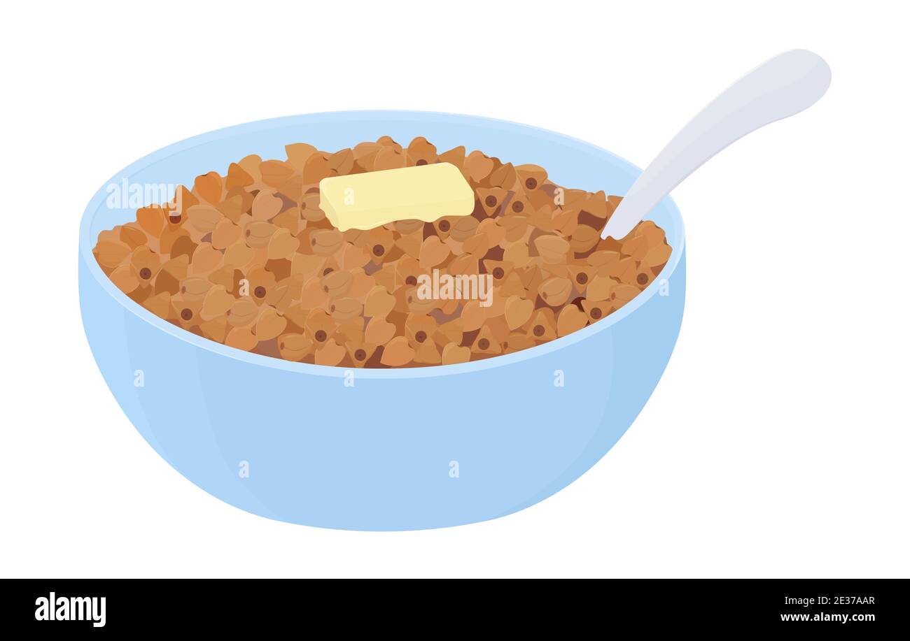 Buchweizenporridge mit Butter in blauer Schüssel. Korn Haufen auf Teller. Cartoon Frühstück Vektor Illustration isoliert auf weißem Hintergrund Stock Vektor